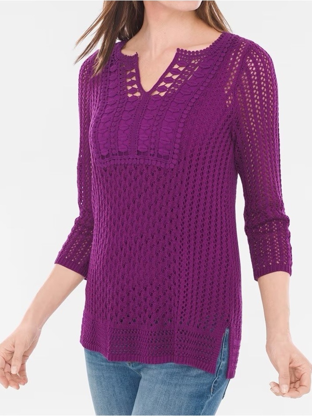 NWT Chico's Textured Jamie Pullover Knit Tunic Hyacinth Purple 3/4 Sleeve (0)